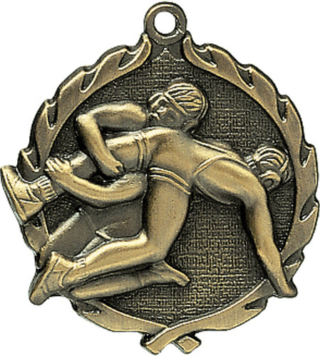 Sculptured Wrestling Medal with Neck Ribbon
